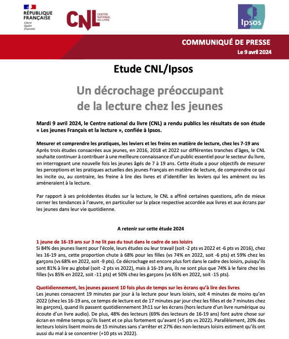 Les jeunes et la lecture rapport du CNL Avril 2024